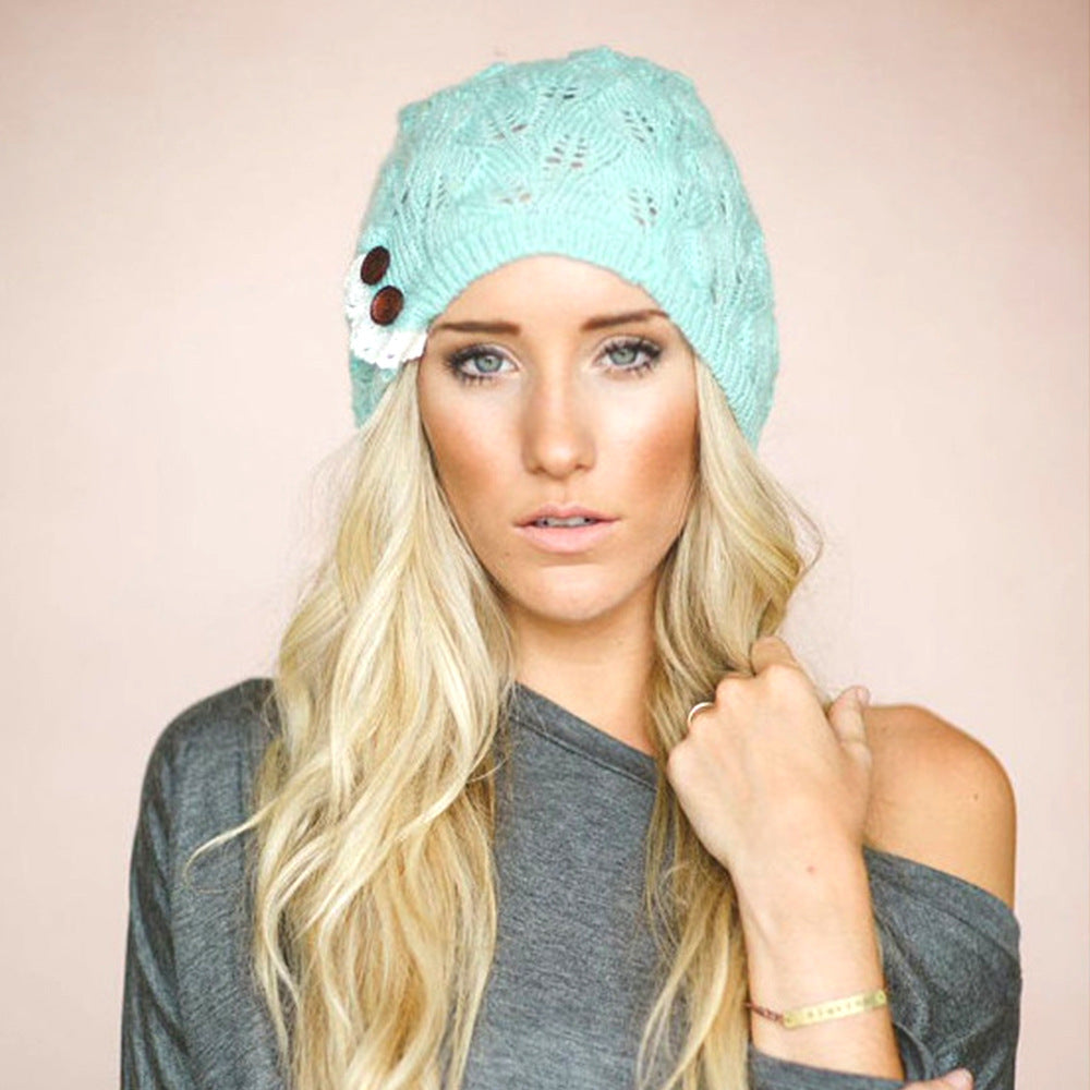 Wholesale Pure Woolen Hat Hollow Leaf Lace Button Knitted Hat